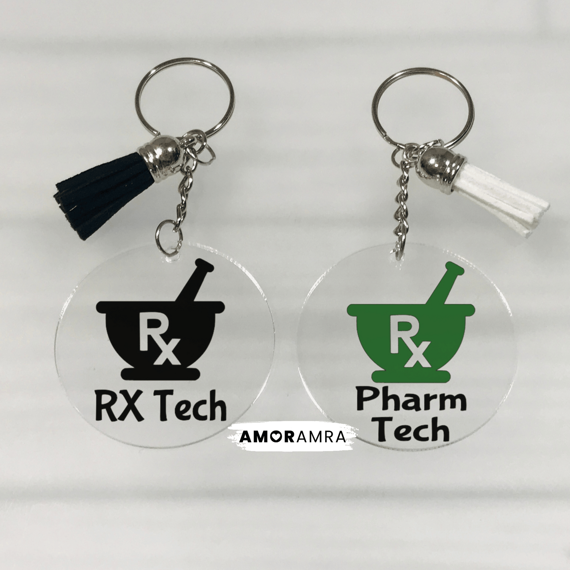 Two keychains with 'RX Tech' and 'Pharm Tech' designs on a white background. Personalized Pharmacist Keychain, Prescription Keychain, Caduceus Keychain, RX Appreciation, Pharmacy Tech Gift, PharmD Gift, RX Tech