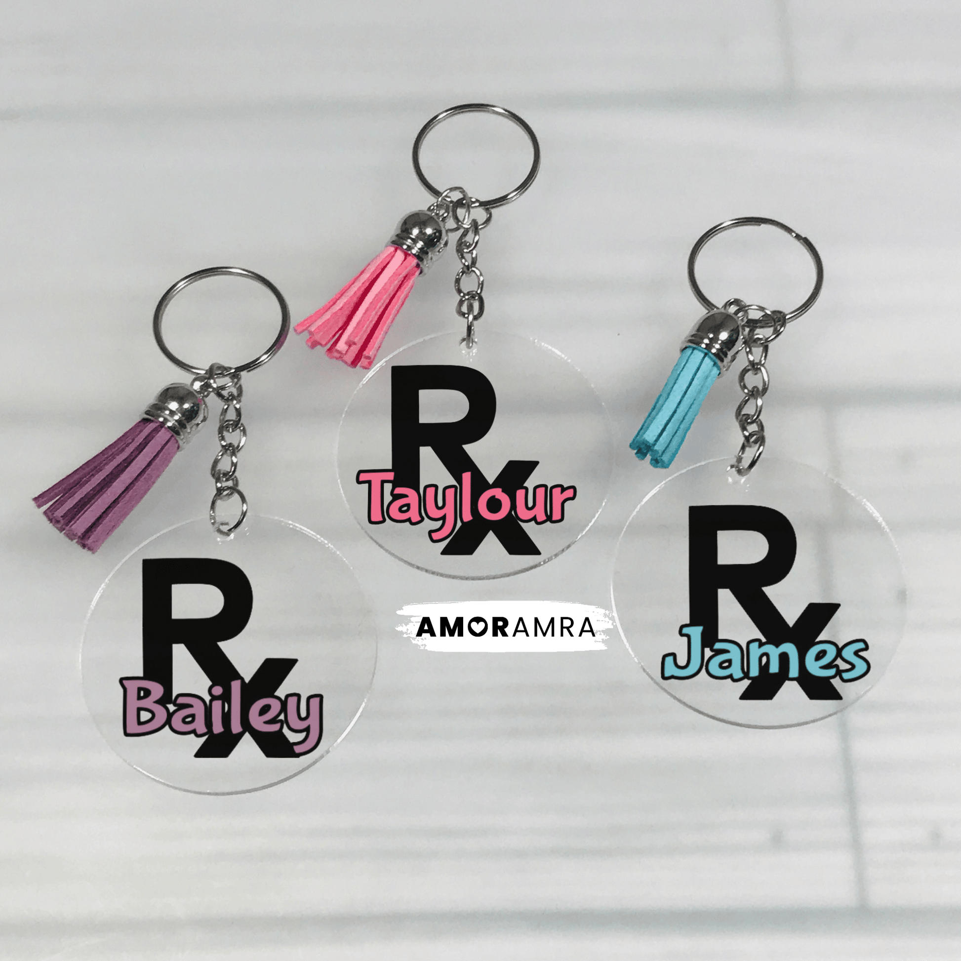 Three personalized keychains with 'RX' and names on a white background. Personalized Pharmacist Keychain, Prescription Keychain, Caduceus Keychain, RX Appreciation, Pharmacy Tech Gift, PharmD Gift, RX Tech
