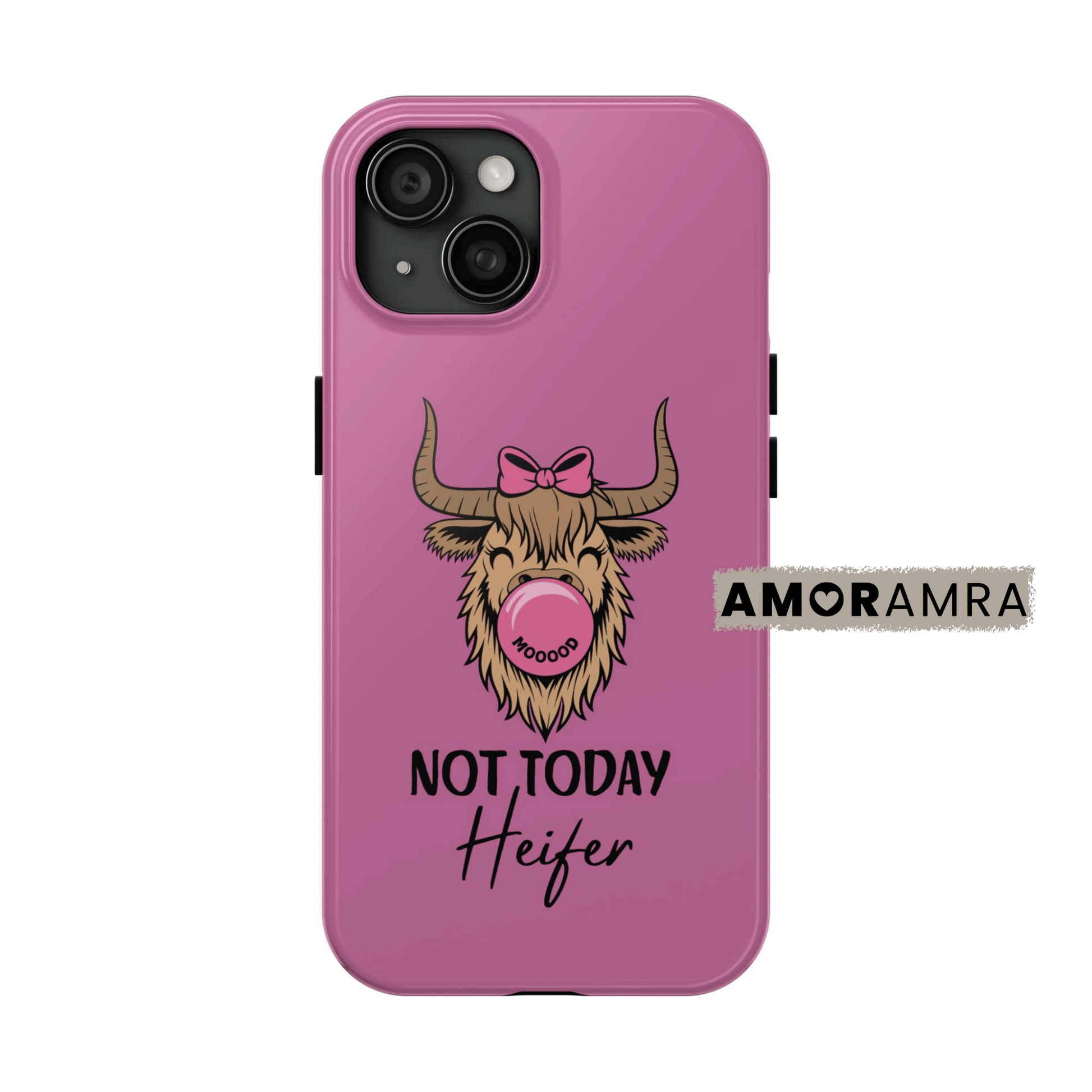 Pink phone case with a cow illustration and 'Not Today Heifer' text. this Not Today Heifer iPhone case is the perfect way to show off your sass with a little country charm! Featuring a beautiful Highland cow and a fun, cheeky phrase, this case is ideal for farm girls, cow lovers, ranchers, and anyone with a sense of humor.