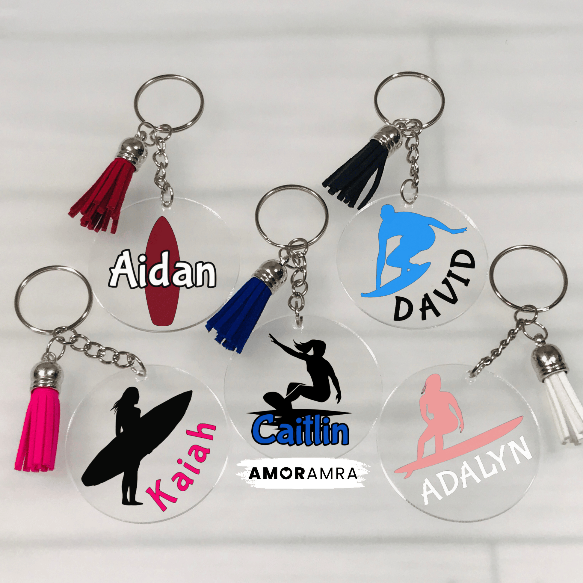 Personalized Surfer Keychain, Acrylic Surf Keychain, Surfing Bag Tag, Surfboard Keychain, Surfer Gift, Surfs Up, Aloha keychain