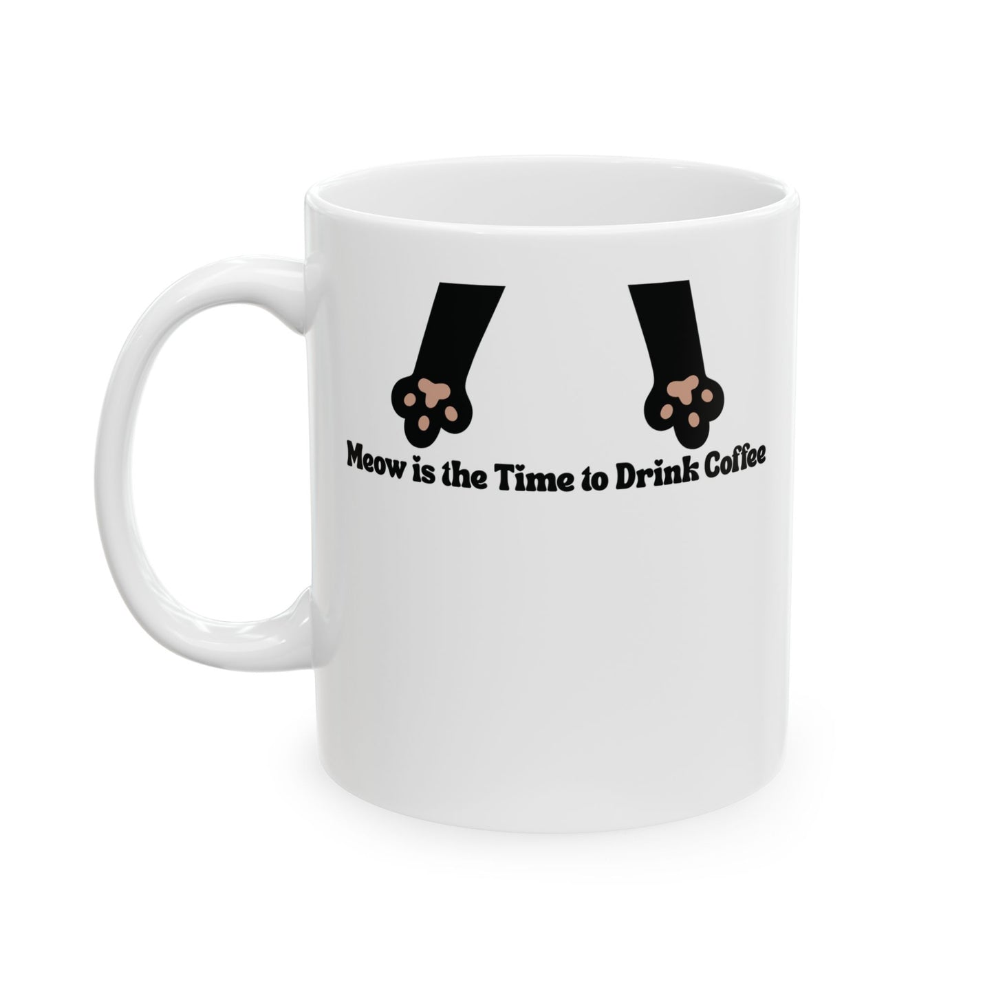 White mug with black paw prints and text 'Meow is the Time to Drink Coffee' on a white background