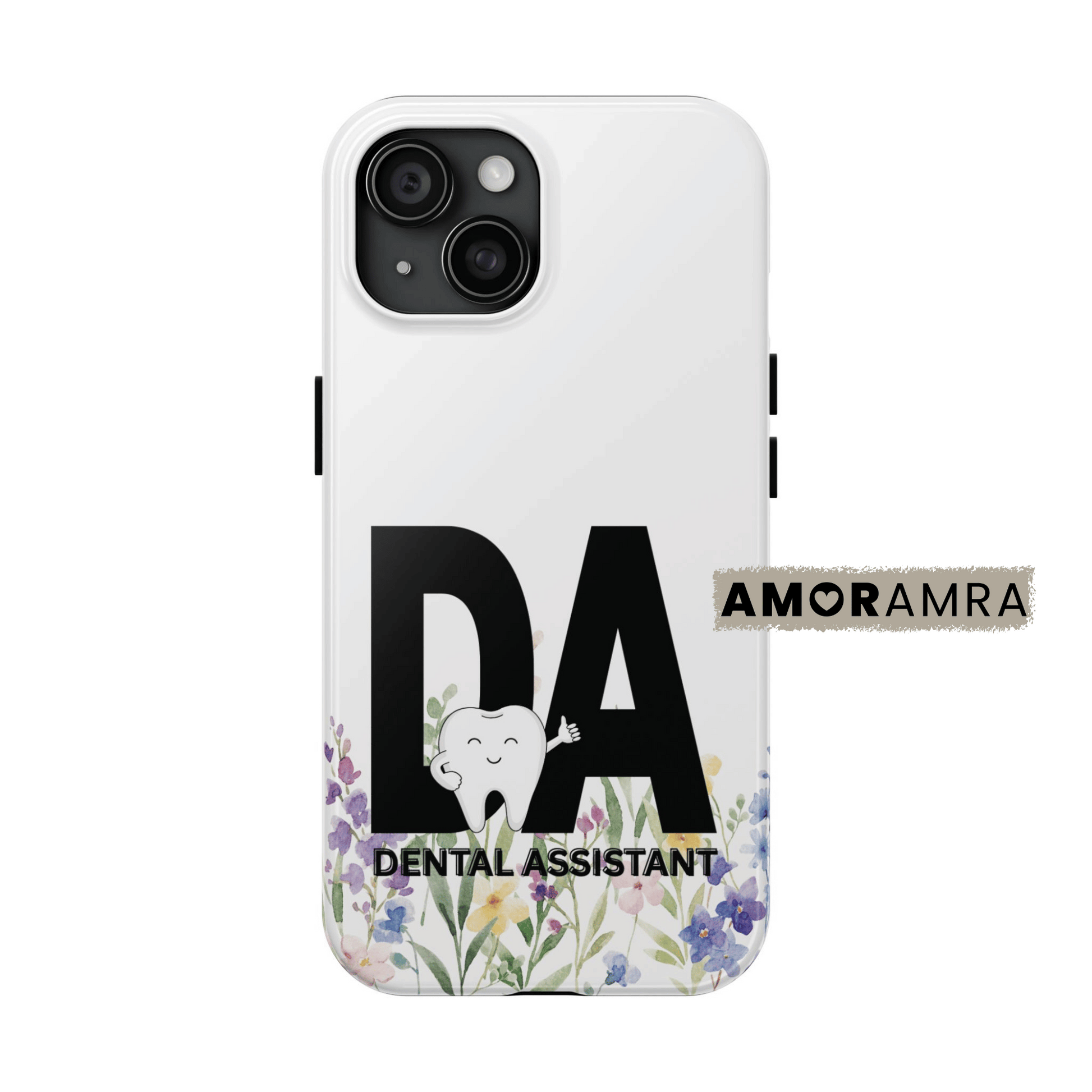 Phone case with 'DA Dental Assistant' text and floral design. This Dental Assistant iPhone case is the perfect way to show off your passion for oral health, plaque fighting, and creating bright smiles!