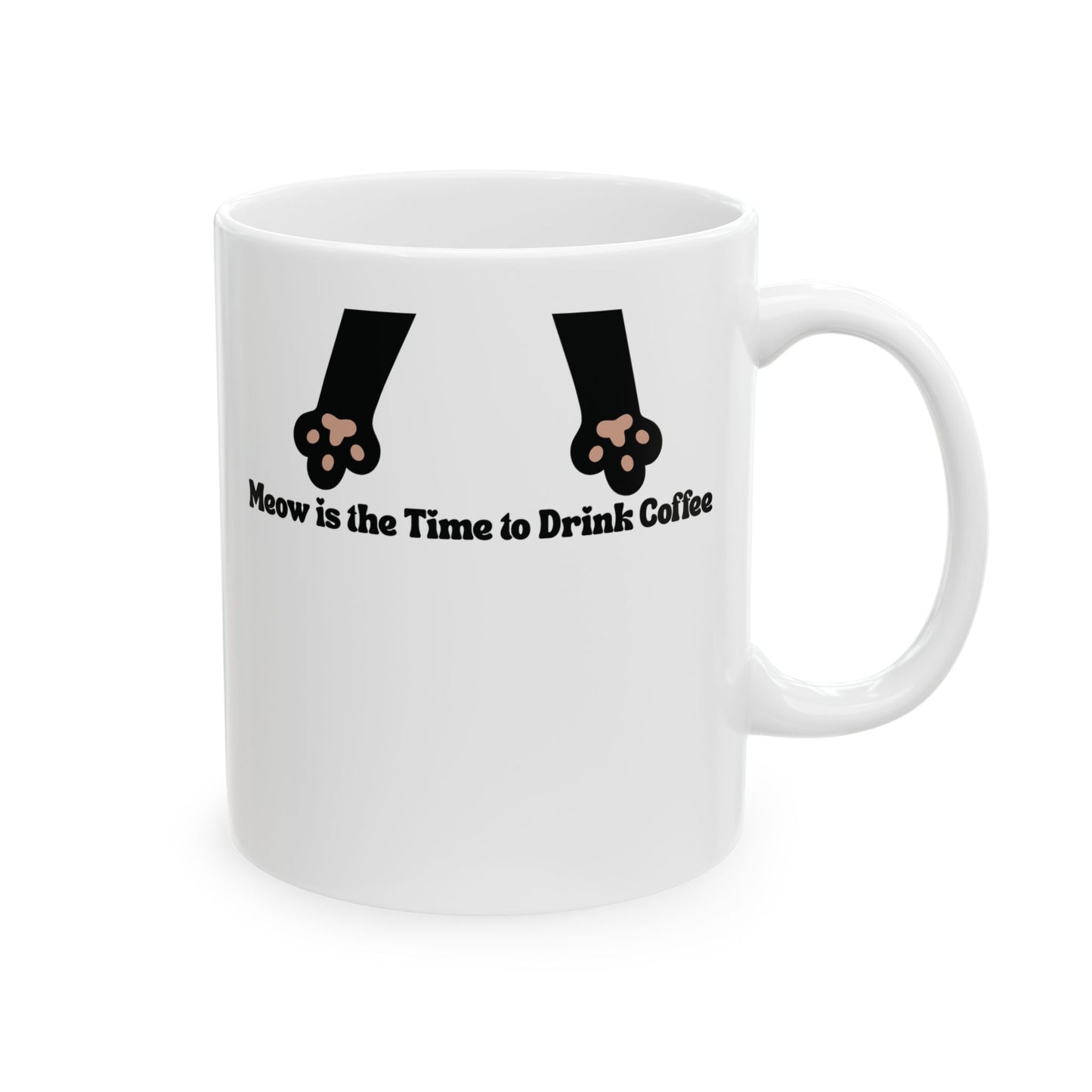 White mug with cat paws and text 'Meow is the Time to Drink Coffee' on a white background