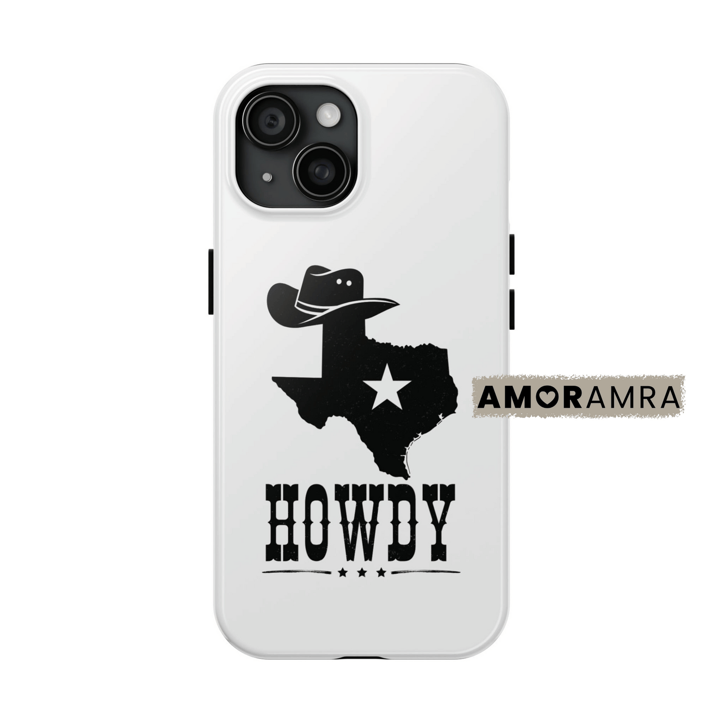 Phone case with Texas design and 'Howdy' text on a white background. This Howdy Texas iPhone case is the perfect choice for anyone who loves cowboy hats, southern charm, and that sweet Texan hospitality. Designed with a bold state of Texas silhouette and a classic cowboy hat, this case screams Southern vibes! Texas Howdy Yall iphone case. lone star state phone case.