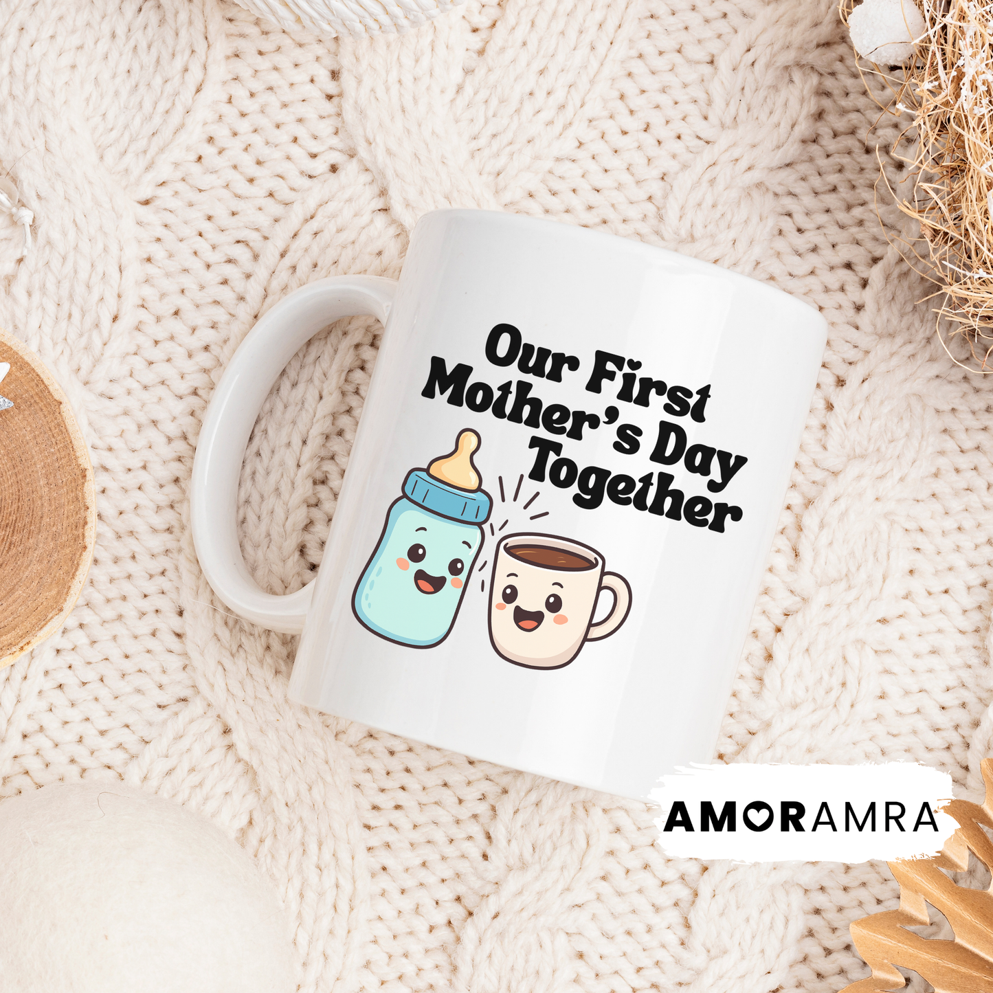 Mug with 'Our First Mother's Day Together' text and cartoon bottle and cup design