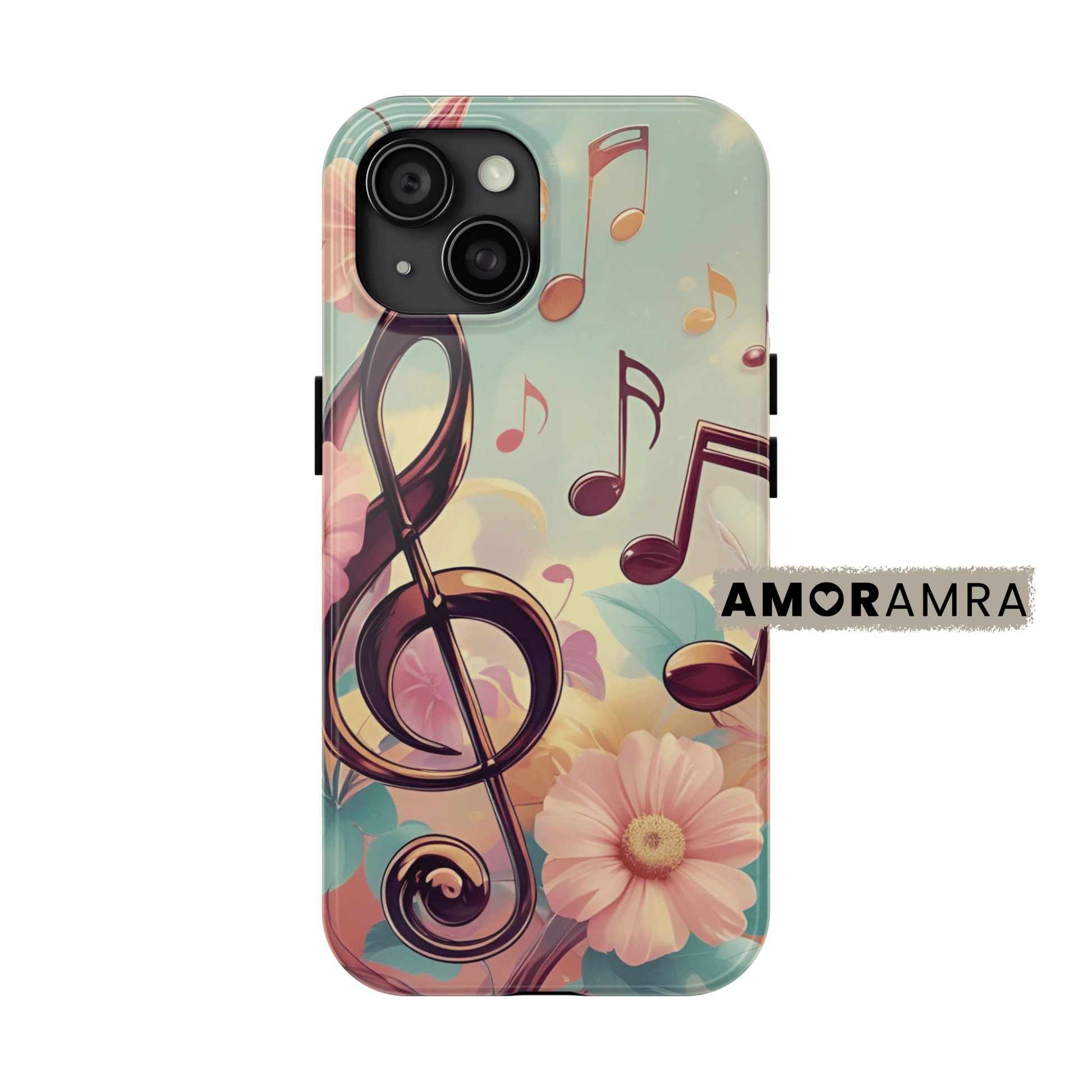 Phone case with musical notes and flowers on a colorful background. whimsical music-inspired iPhone case, where delicate flowers dance around dreamy treble clefs and floating notes. It’s a symphony of color, creativity, and calm, designed for musicians, daydreamers, and anyone who believes life is better with a soundtrack. With soft pastels, gentle florals, and musical energy, this case adds a lyrical touch to your everyday scroll.