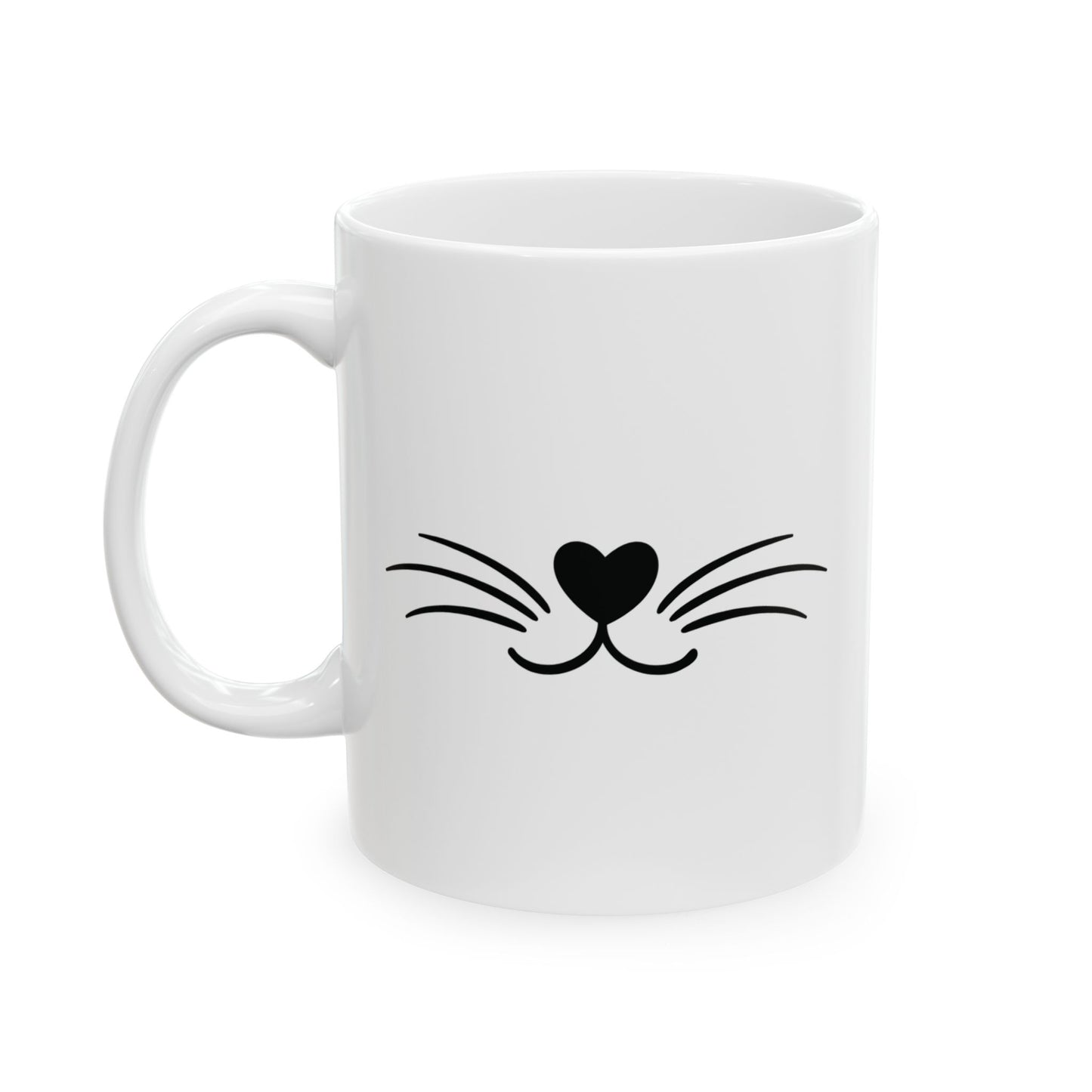 White mug with black cat whisker and heart nose design on a white background