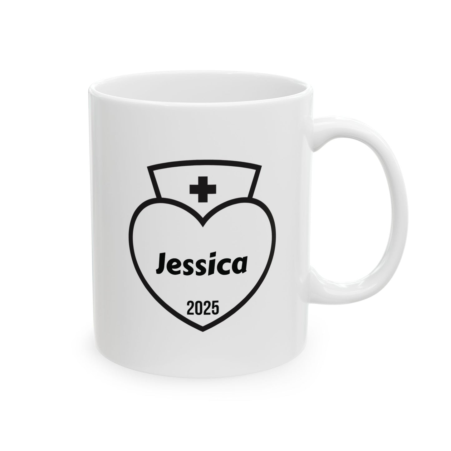White mug with a black heart-shaped nurse design