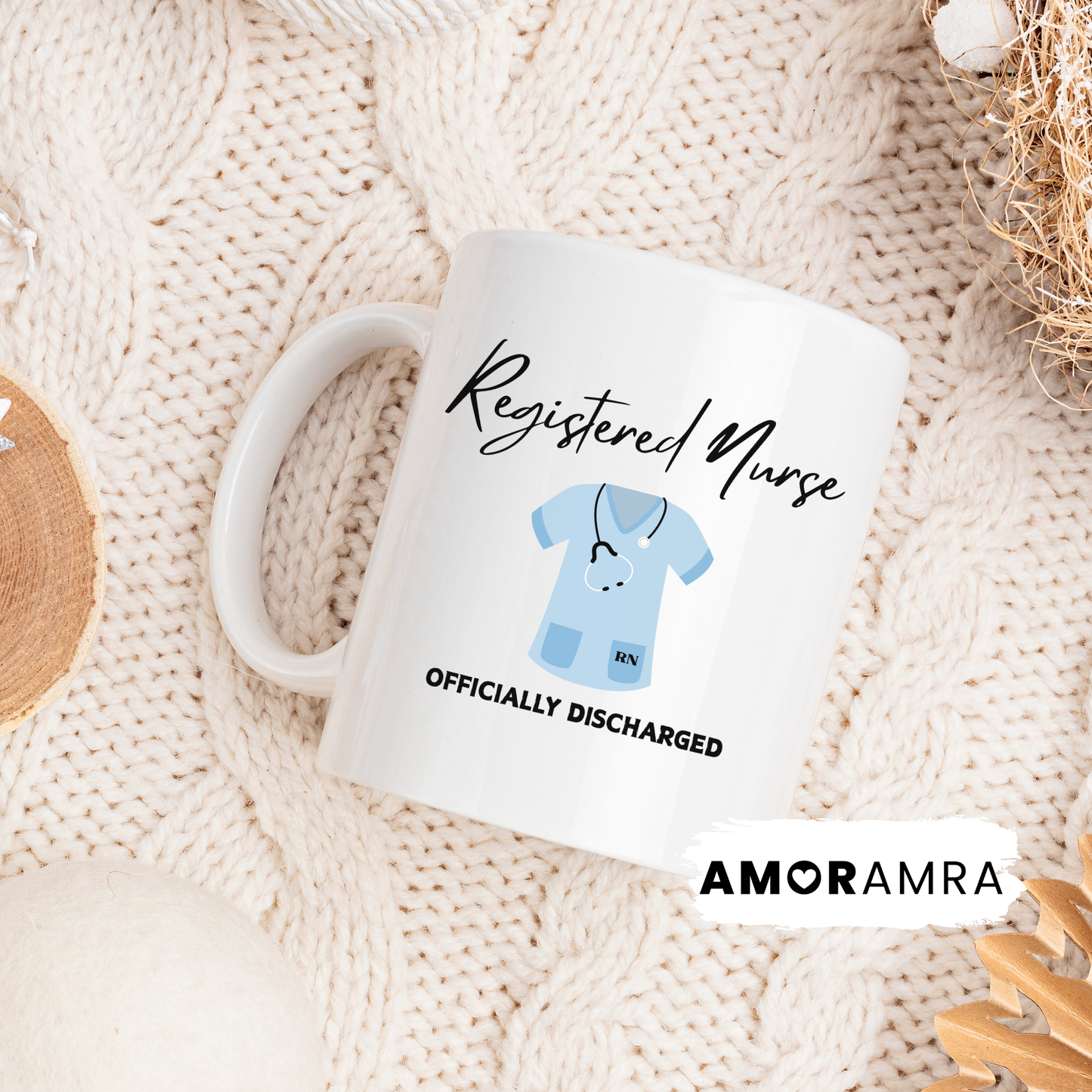 White mug with 'Registered Nurse' text and stethoscope nurse scrub graphic. officially discharged text for retiring nurses.