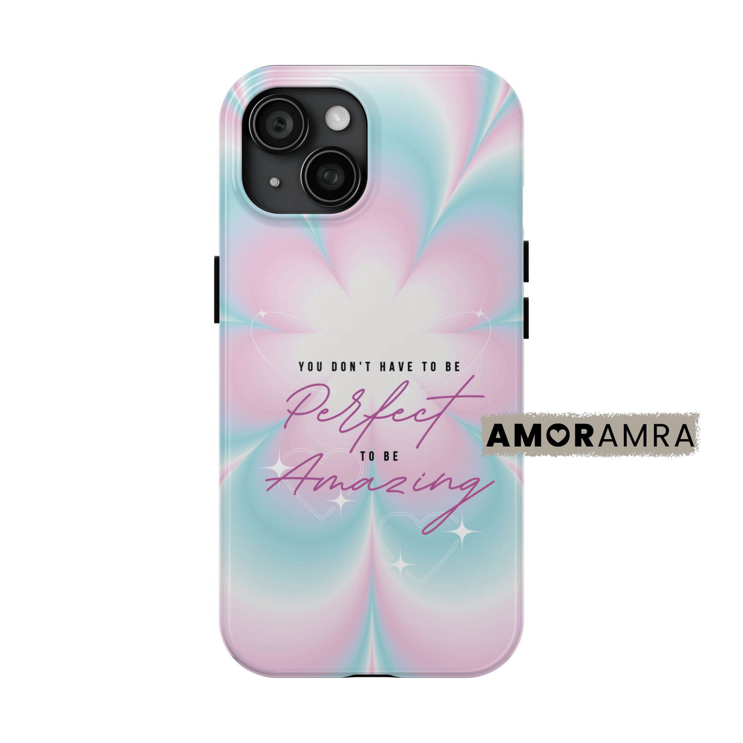 Phone case with pastel design and motivational quote. calming iPhone case features the uplifting message “You don’t have to be perfect to be amazing” in a gradient pastel colored design.