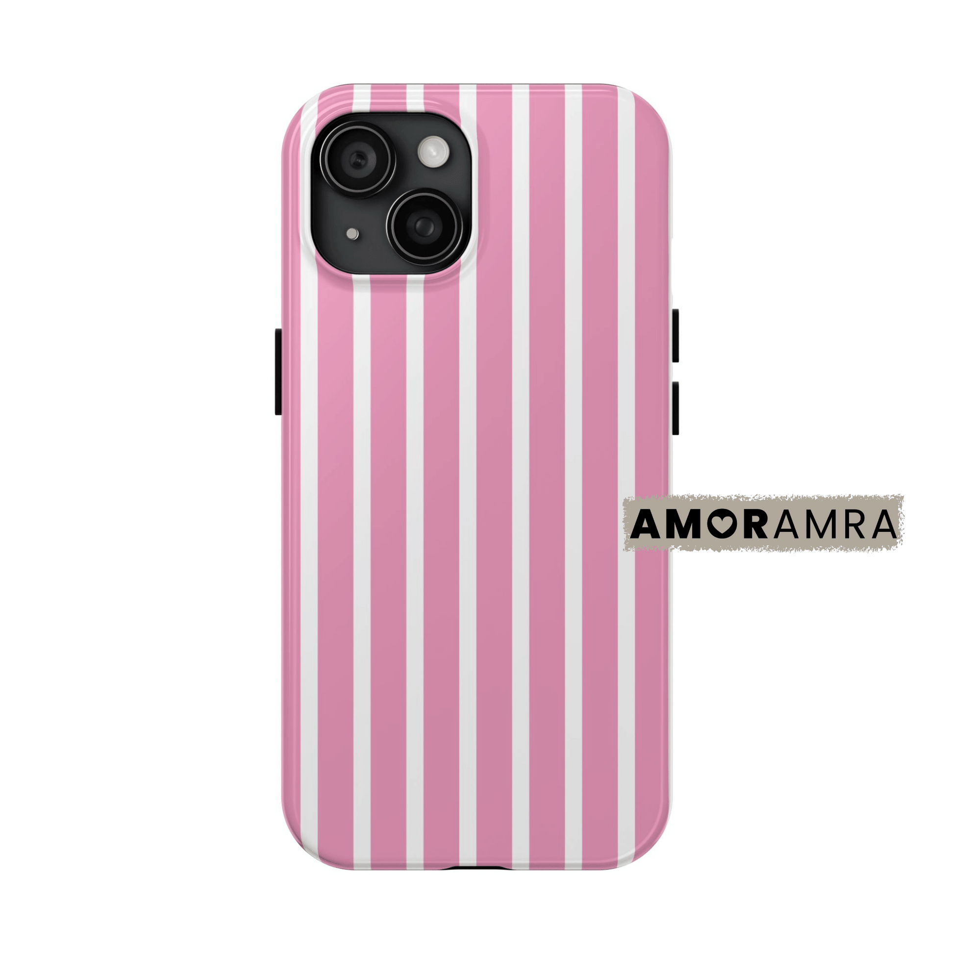 Phone case with pink and white vertical stripes on a white background, Pink Striped iPhone Case. the ultimate striped iPhone case that’s as fun as your group chat and as bold as your coffee order. Whether you're vibing with bold blue stripes, soft pastel vibes, or sleek neutrals,