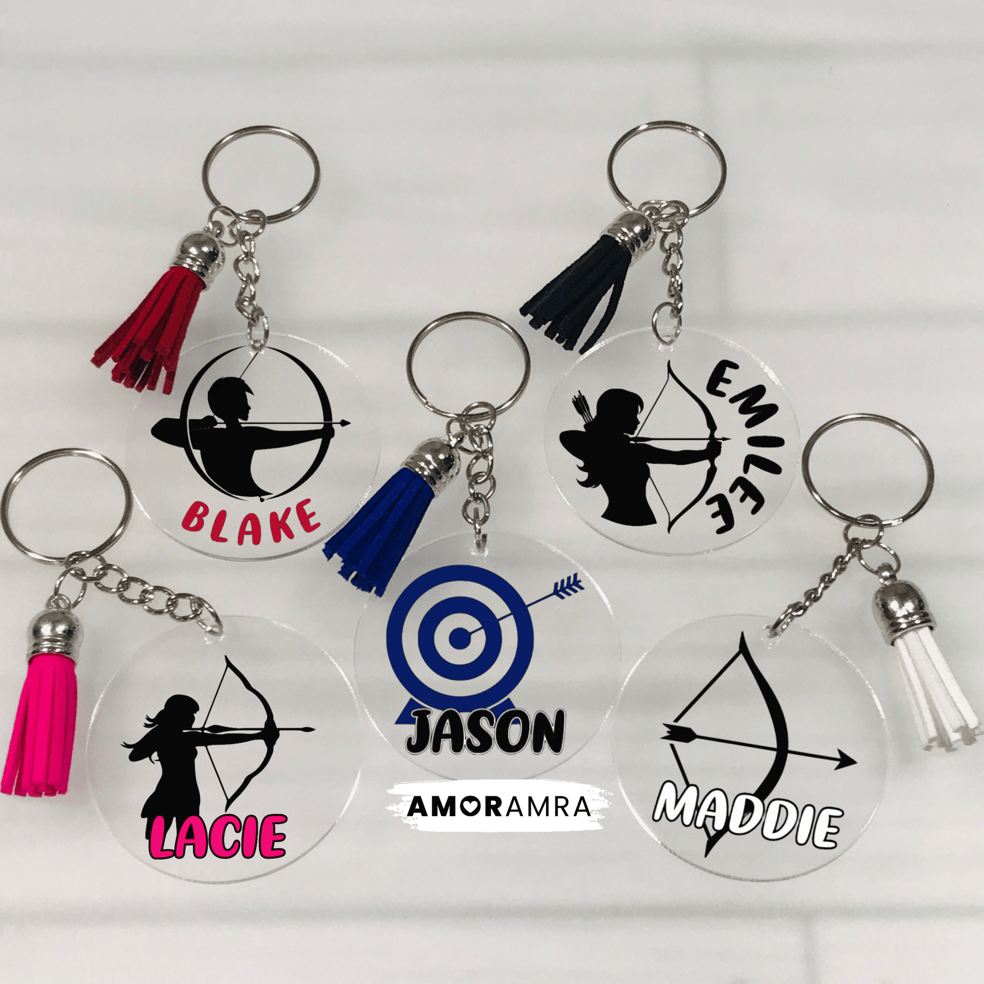 Set of personalized keychains with archery designs and names on a white background. Personalized Archery Keychain, Archery Lover, Archery Team Gifts, Archery Coach Gift Keychain, Bow and Arrow Keychain, Archery Bag Tag