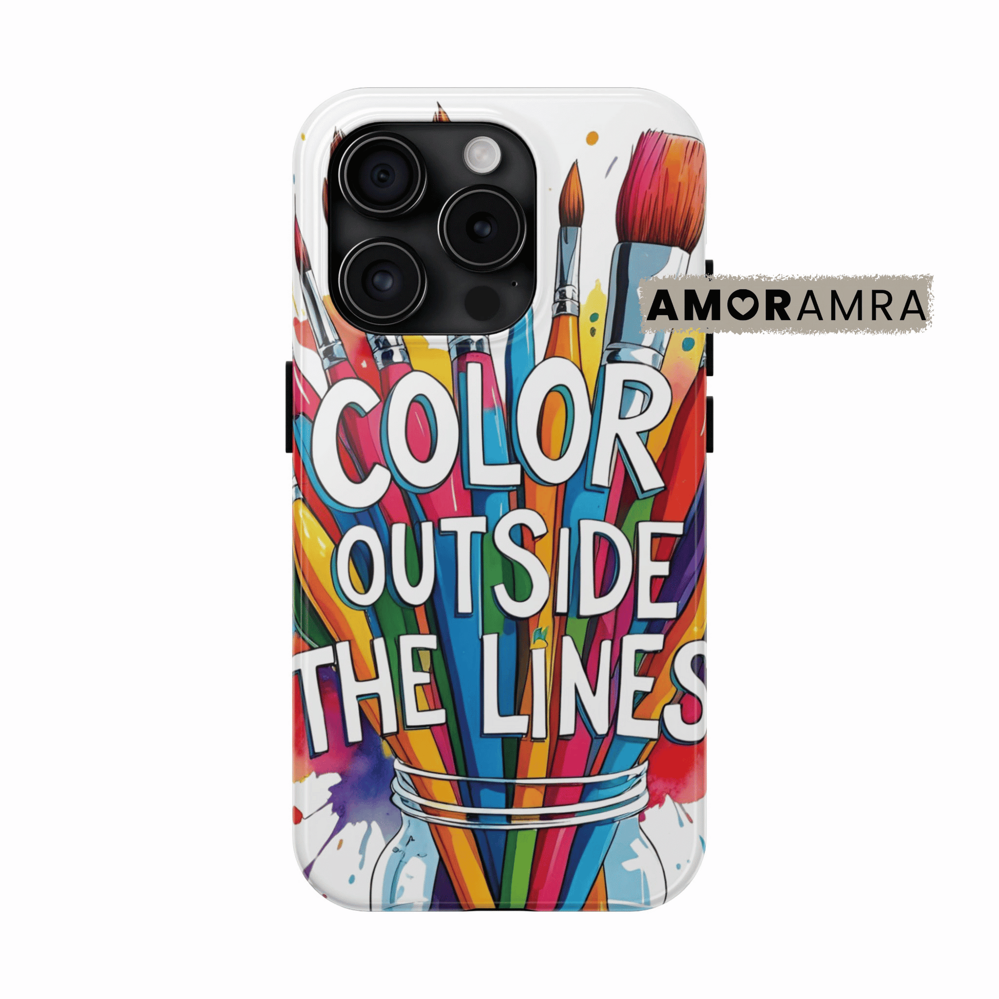 Phone case with colorful paintbrushes and 'Color Outside the Lines' text. Bring your creative chaos wherever you go! This colorful phone case features an array of paintbrushes bursting with watercolor flair; perfect for painters, illustrators, art teachers, and anyone who colors outside the lines.