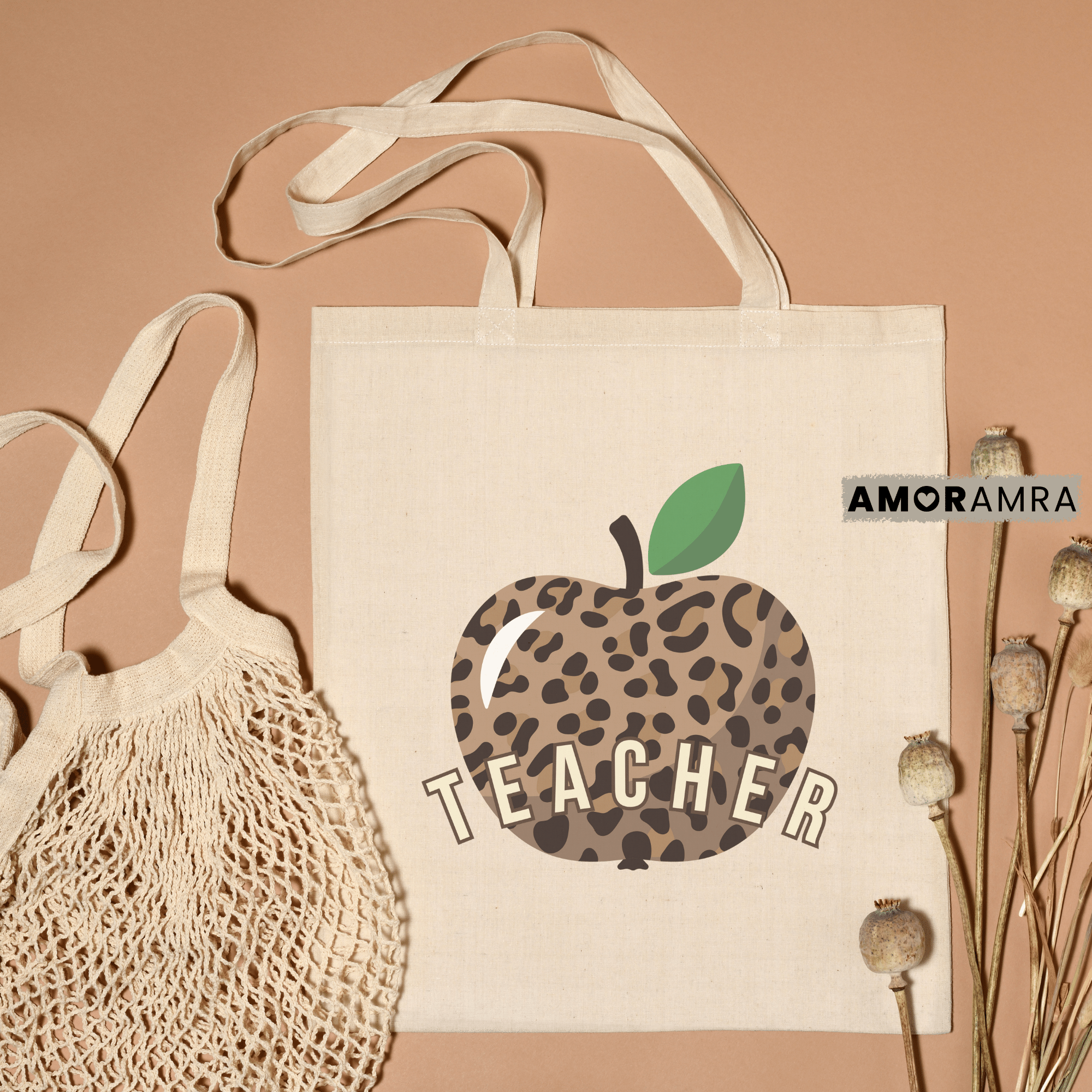 Teacher Tote Bag - Cheetah Print Apple - Amor Amra