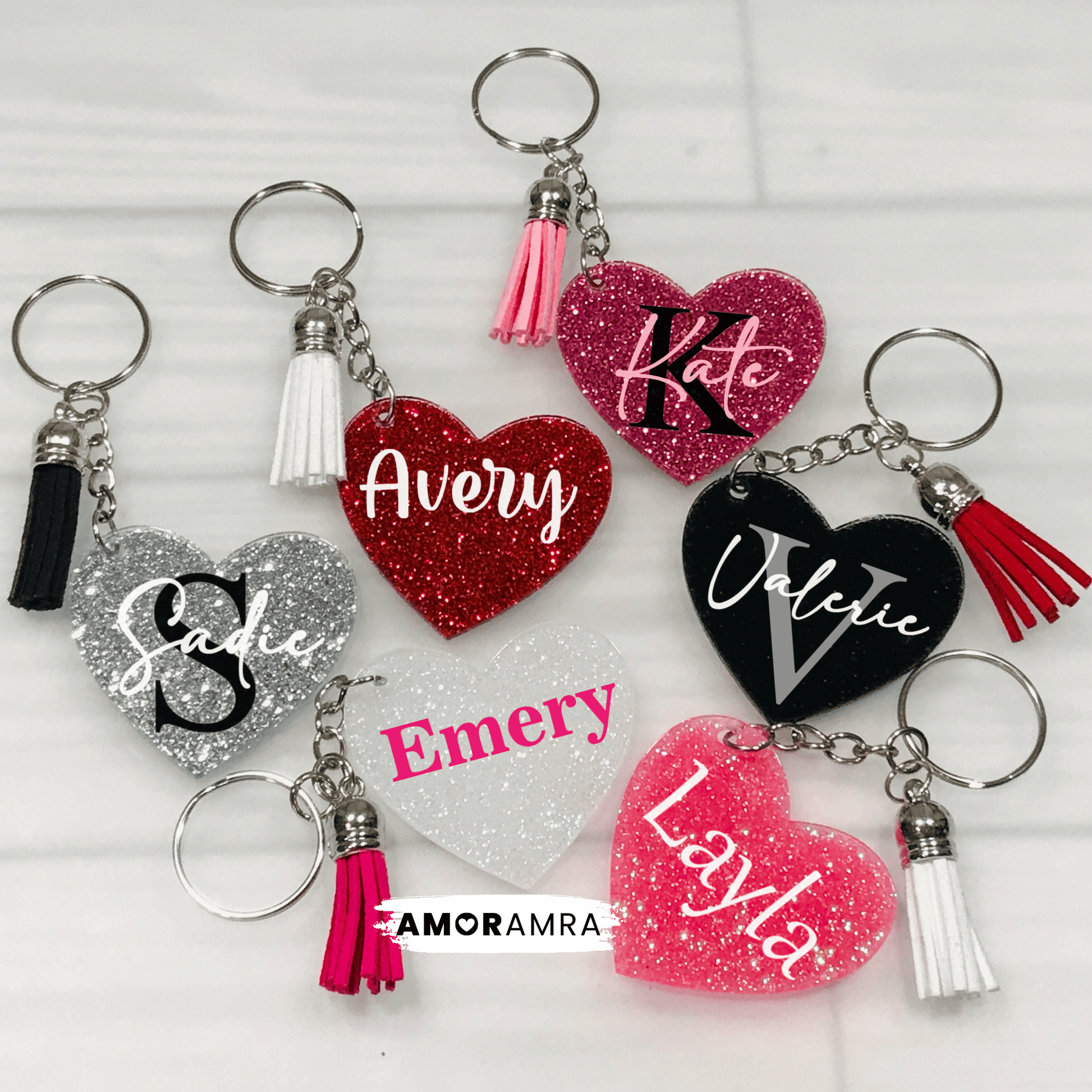 Personalized Glitter Heart Keychains - Amor Amra