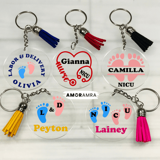 acrylic keychain designs with baby footprints and names. Text includes names along with phrases such as 'Labor & Delivery', 'NICU', and 'Nurse'.  Clear acrylic circles showcase baby footprints and lettering. Personalized NICU Keychain, NICu Bag Tag, NICu Nurse Keychain, Labor and Delivery Keychain, L&D Keychain, Neonatal Nurse, Nurse Appreciation