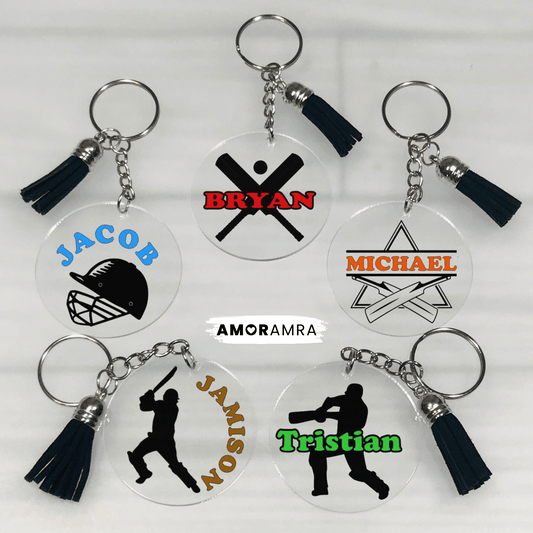 round, clear acrylic keychains with black tassels. Each keychain has a different design featuring a cricket theme. Personalized Cricket Keychain, Cricket Bag Tag, Cricket Gift, Cricket Bat, Cricket Team Gift, Cricket Keyring, Custom Cricketer Gift