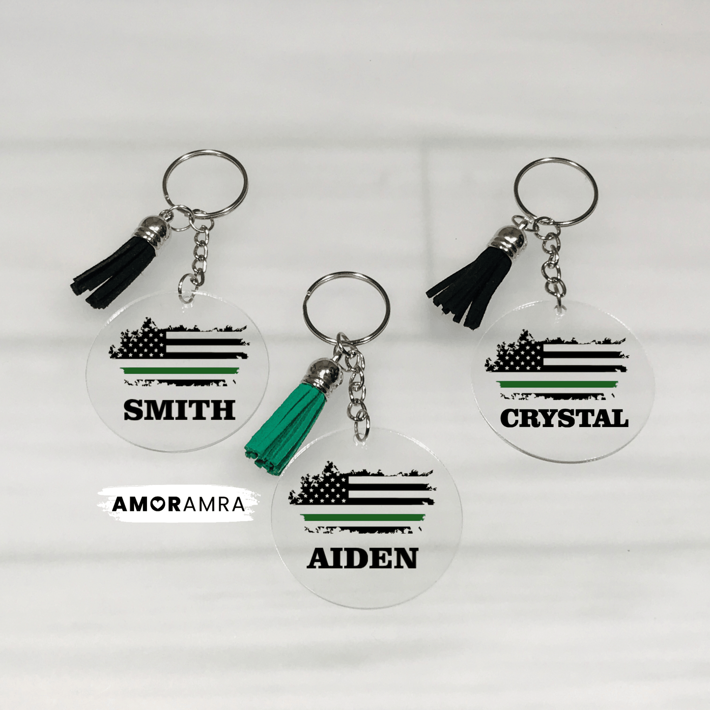 Personalized Thin Green Line Keychain - Amor Amra