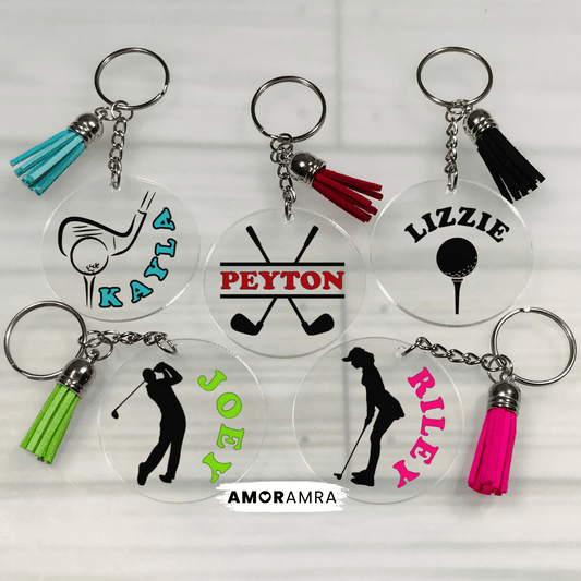 Set of personalized keychains with names and golf-themed designs on a white background. Personalized Golf Keychain, Golf Ball & Tee Keychain, Golf Team Gift, Golf Coach Gift, Golf Bag Tag, Golfer Gift, Golf Bag, Golf Lovers