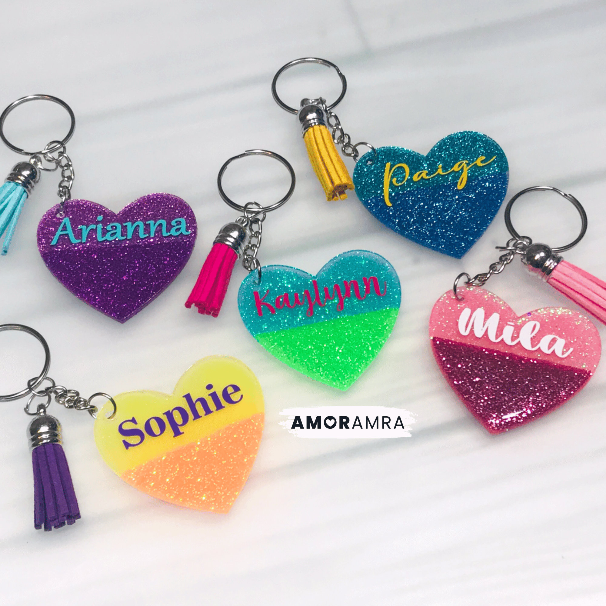 Personalized Glitter Heart Keychain - Amor Amra