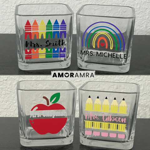 Personalized Teacher Glass Holder | Apple Crayons Pencils Rainbow - Amor Amra