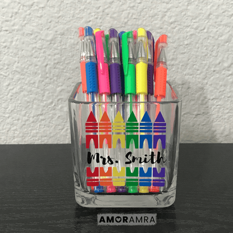 Personalized Teacher Glass Holder | Apple Crayons Pencils Rainbow - Amor Amra