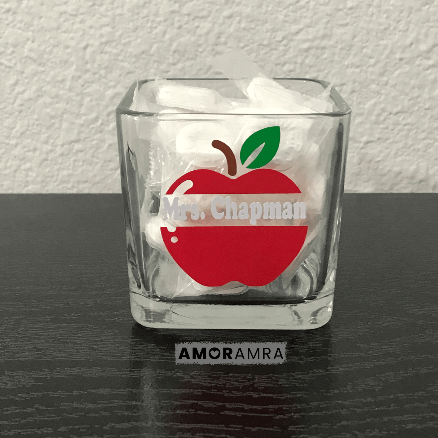 Personalized Teacher Glass Holder | Apple Crayons Pencils Rainbow - Amor Amra