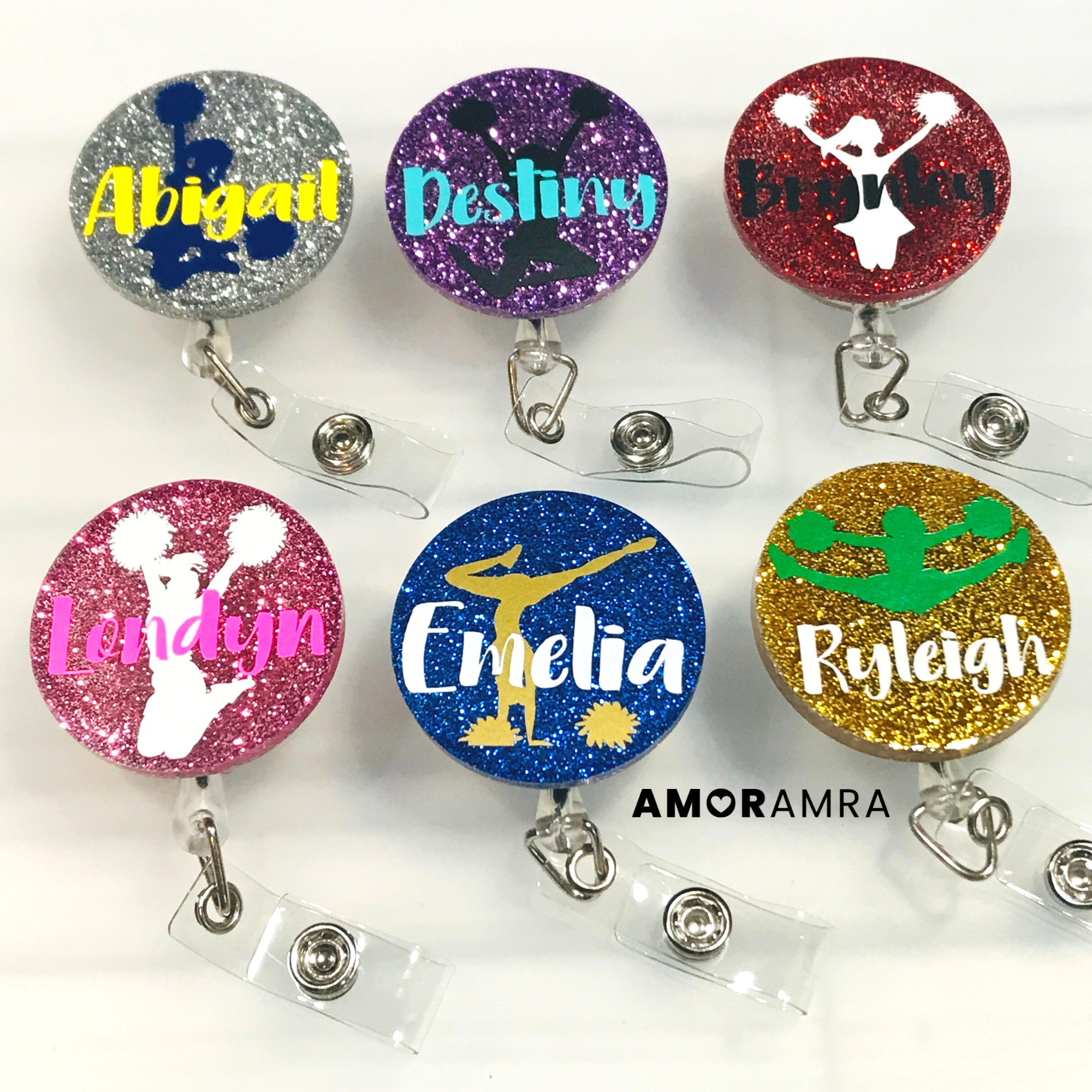 Glitter Cheerleader Retractable Badge Reel - Cheer Gift - Amor Amra