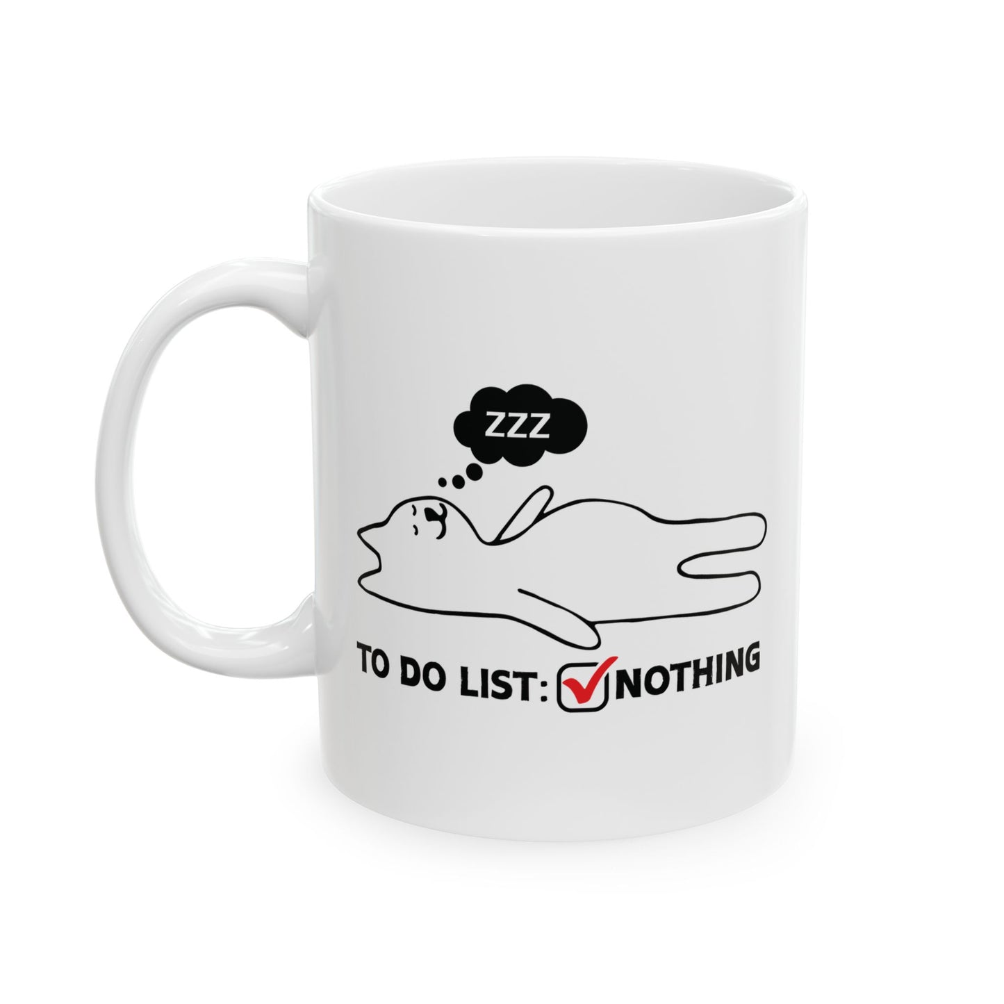 White mug with a cat illustration and text 'To Do List: Nothing' on a white background