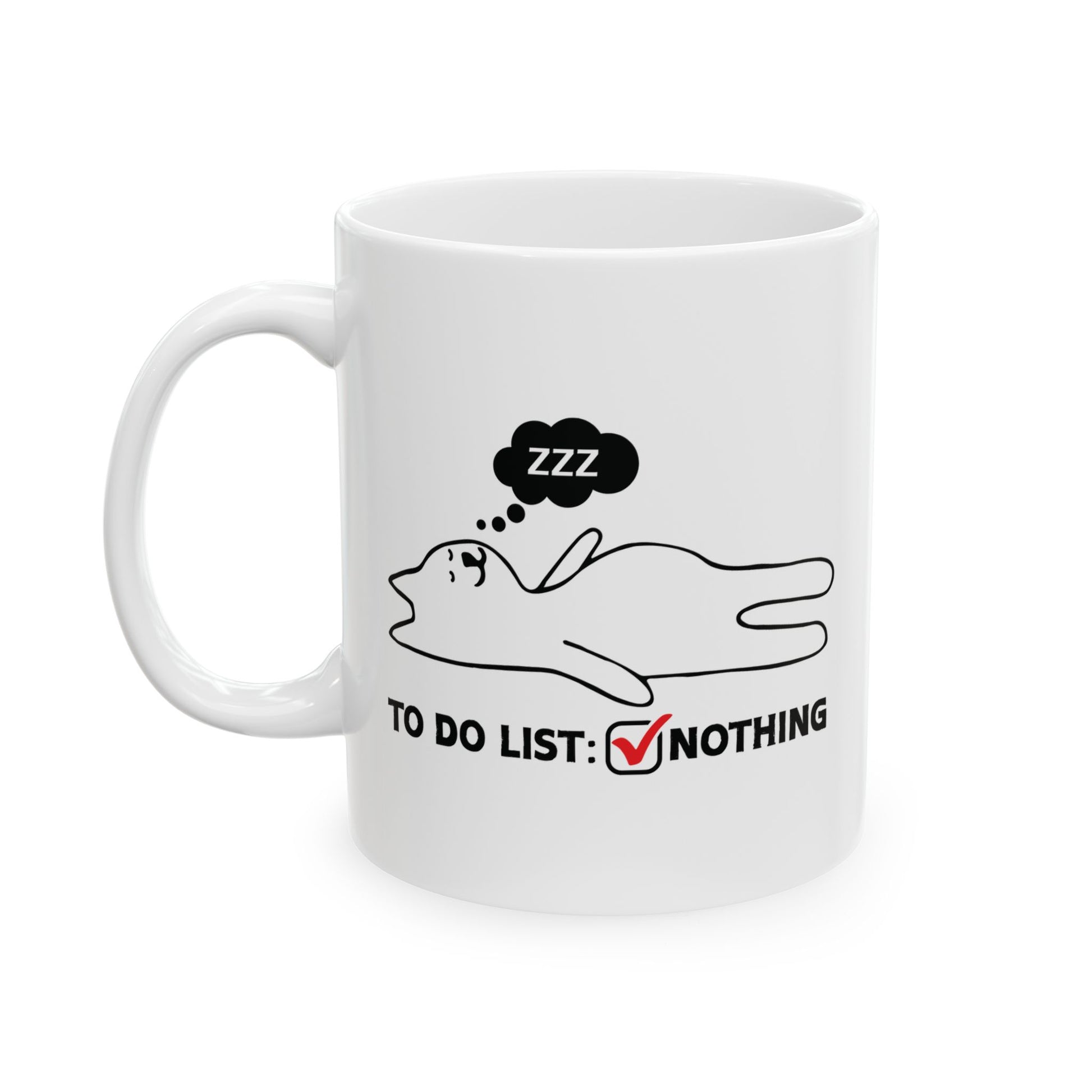 White mug with a cat illustration and text 'To Do List: Nothing' on a white background