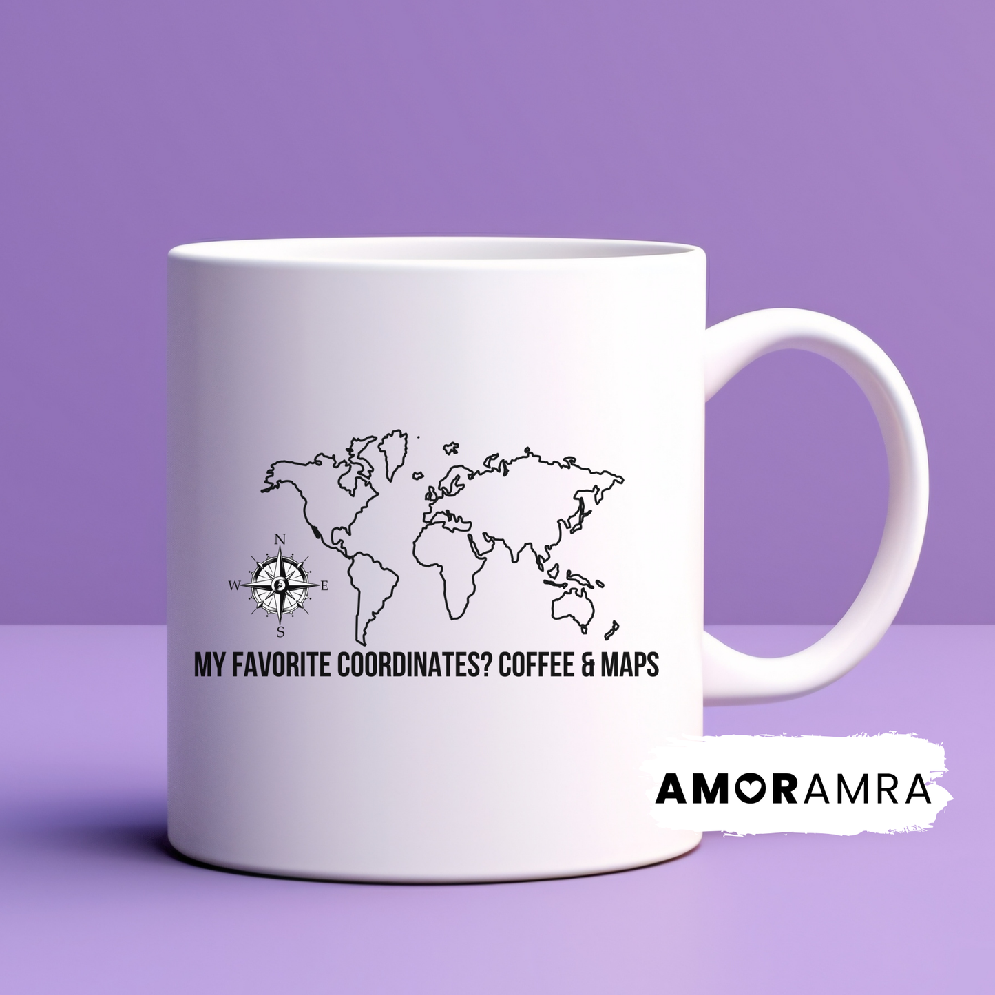 White mug with world map design and my favorite coodinates? coffee & maps text. cartographer coffee mug