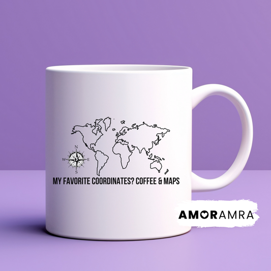 White mug with world map design and my favorite coodinates? coffee & maps text. cartographer coffee mug