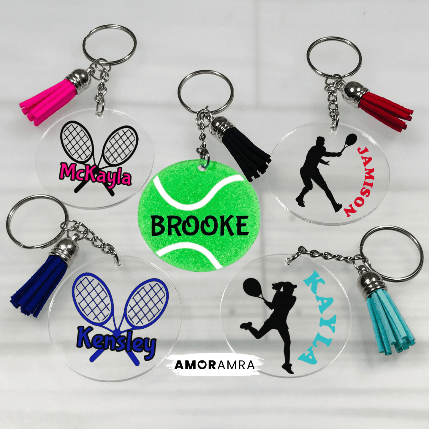 Collection of personalized keychains with names and tennis-themed designs on a white background. Personalized Tennis Keychain, Tennis Bag Tag, Tennis Team Gift, Tennis Racket Keychain, Tennis Gift, Tennis Player, Tennis Ball Keychain
