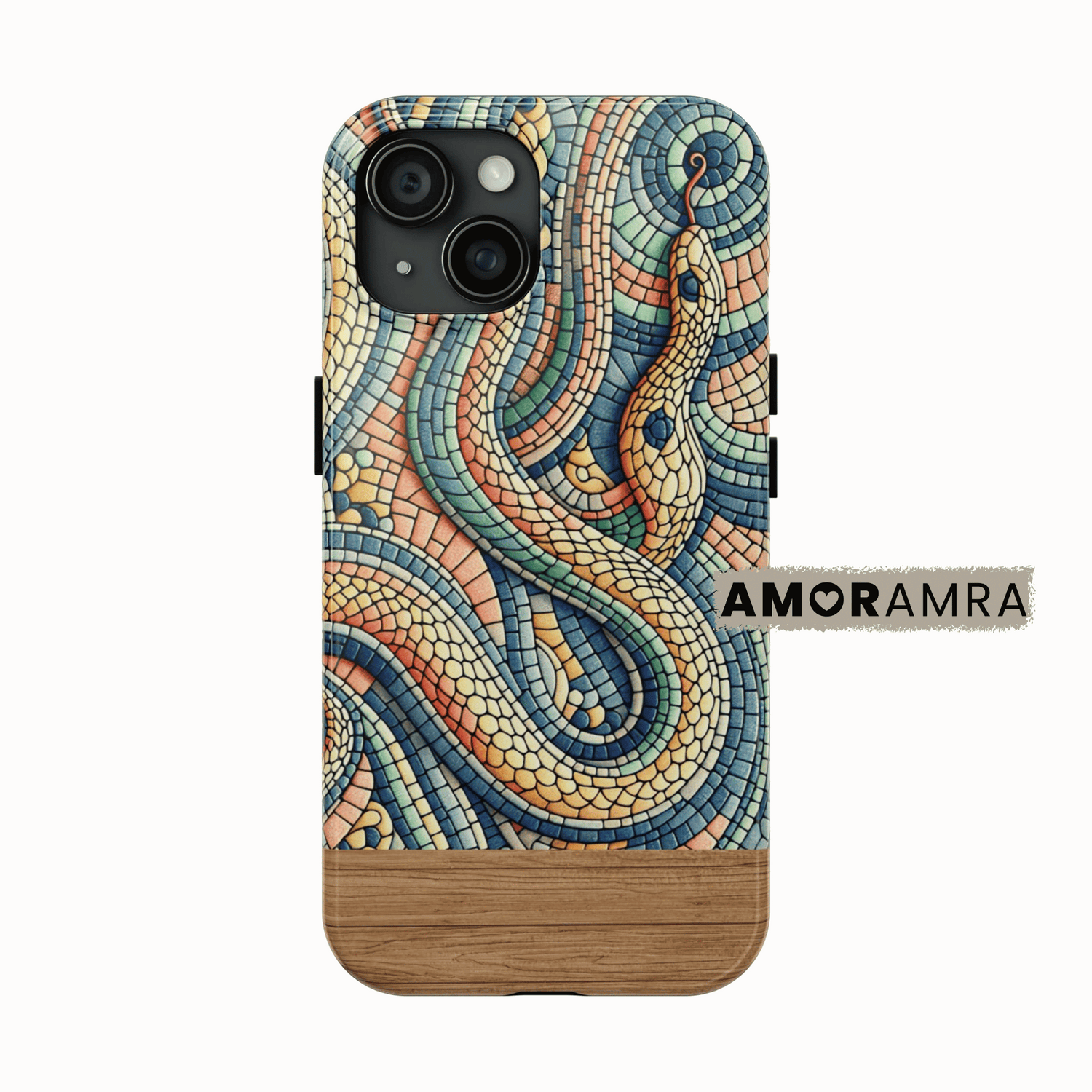 Phone case with colorful snake design and wooden bottom. A symbol of transformation, rebirth, and fierce protection, this mosaic snake case isn’t just a bold accessory, it’s an emblem of power and personal evolution. With detailed, tile-style artistry, this serpent slithers into your daily life with meaning and style.
