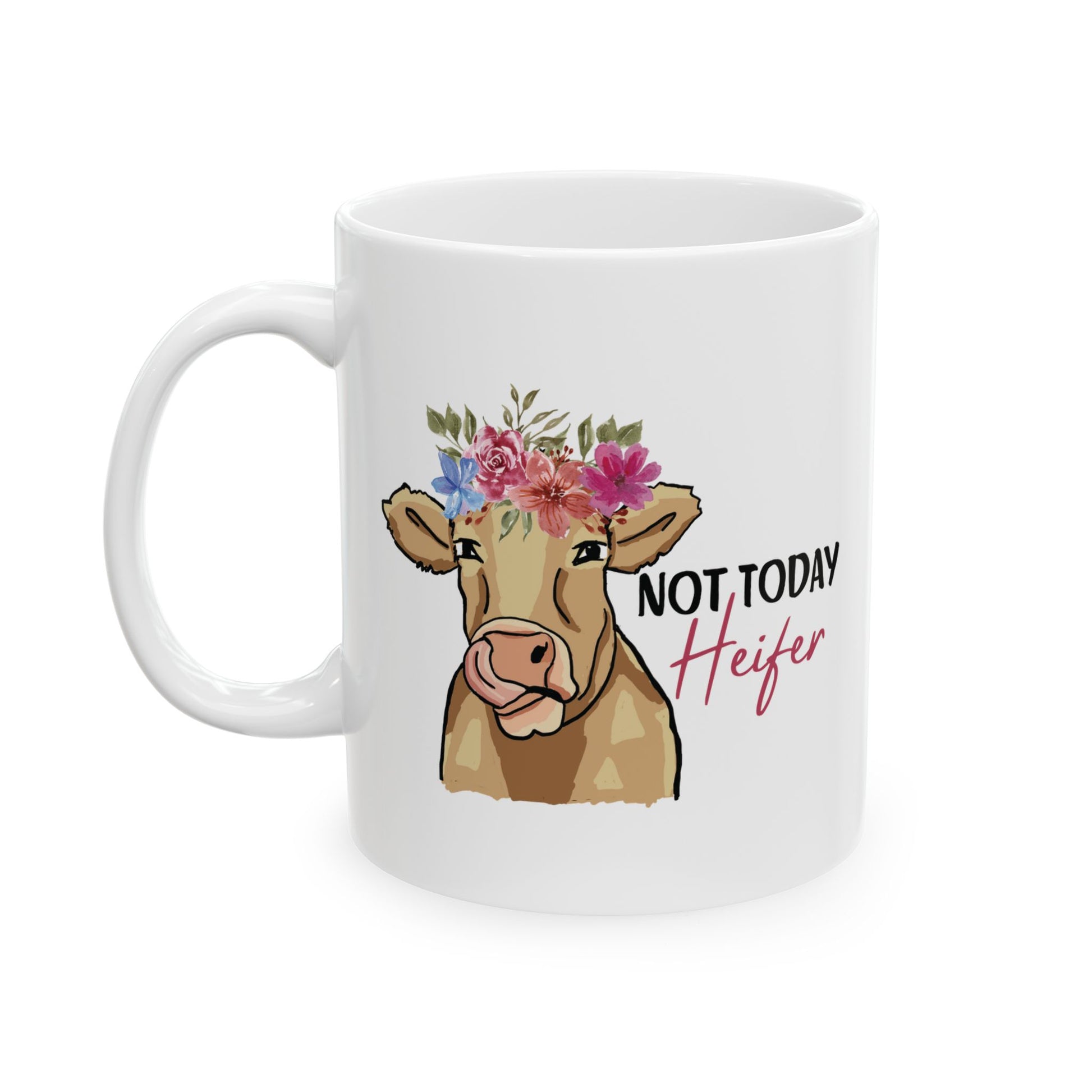White mug with a highland cow illustration and 'Not Today Heifer' text on a white background