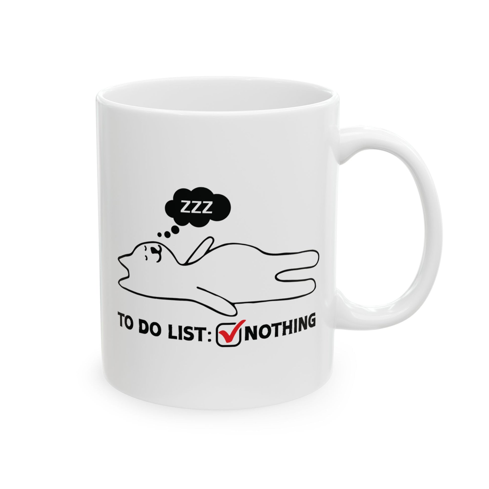 White mug with a humorous design of a person cat sleeping and 'To Do List: Nothing' text on a white background.