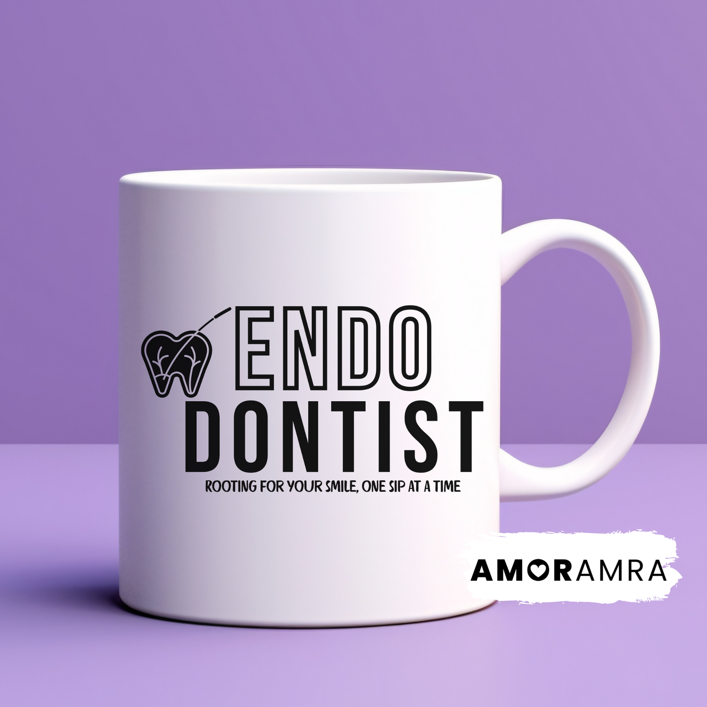 White mug with 'Endodontist' 'rooting for your smile, one sip at a time' text.