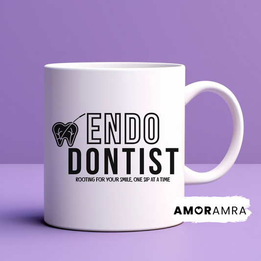 White mug with 'Endodontist' 'rooting for your smile, one sip at a time' text.