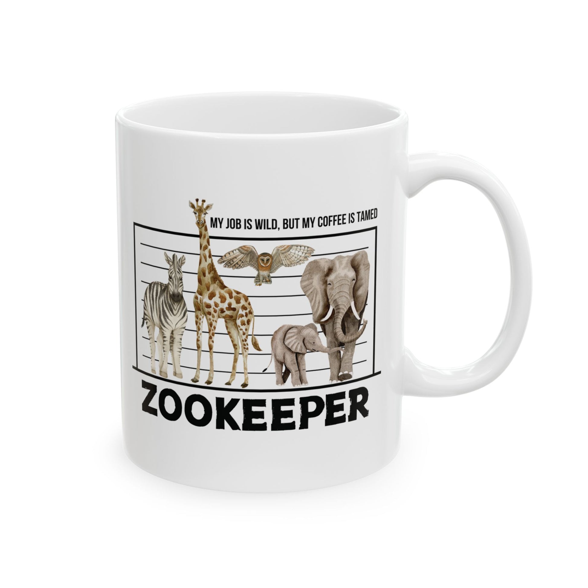 White mug with zoo-themed design and My job is wild, but my coffee is tamed text