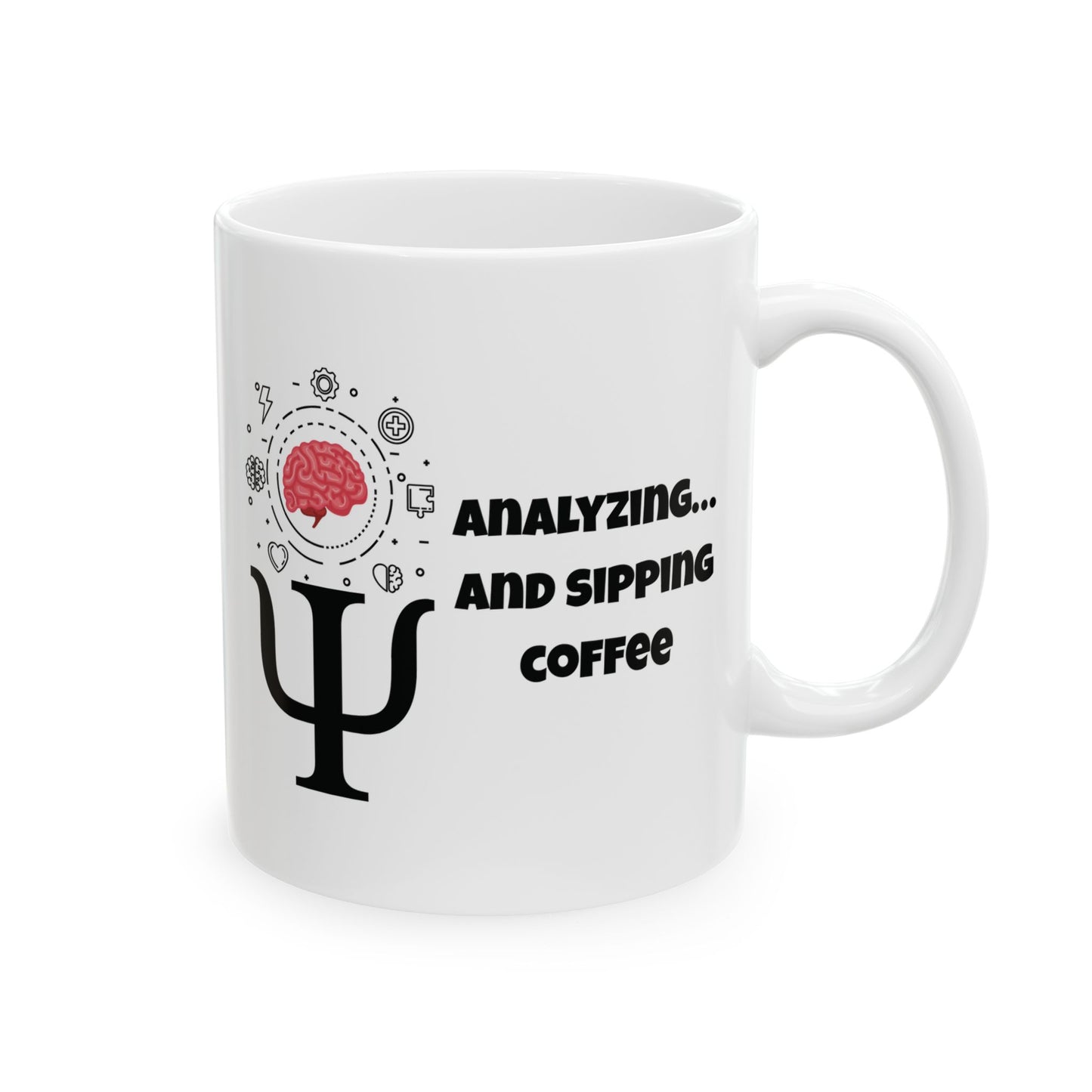 White mug with psychological symbols and text 'Analyzing... and sipping coffee'. psychologist coffee mug