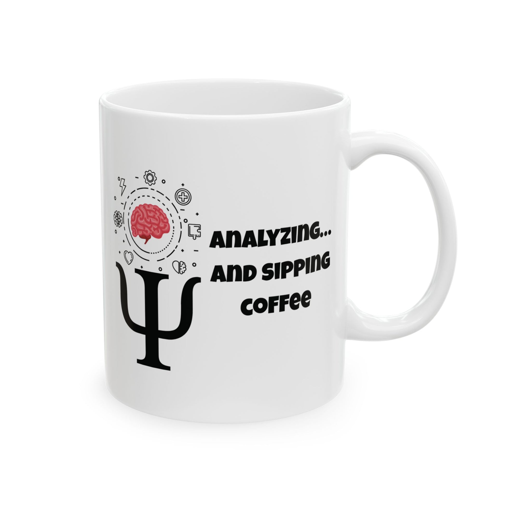 White mug with psychological symbols and text 'Analyzing... and sipping coffee'. psychologist coffee mug