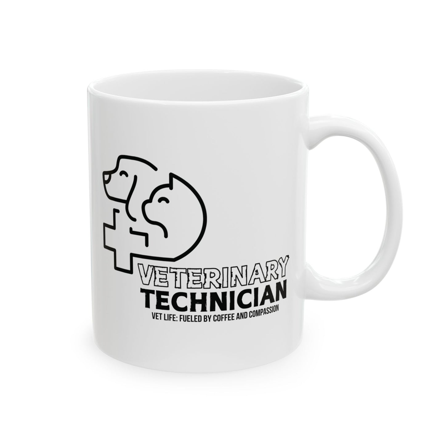White mug with black veterinary technician design and text on a white background. text vet life: fueled by coffee and compassion