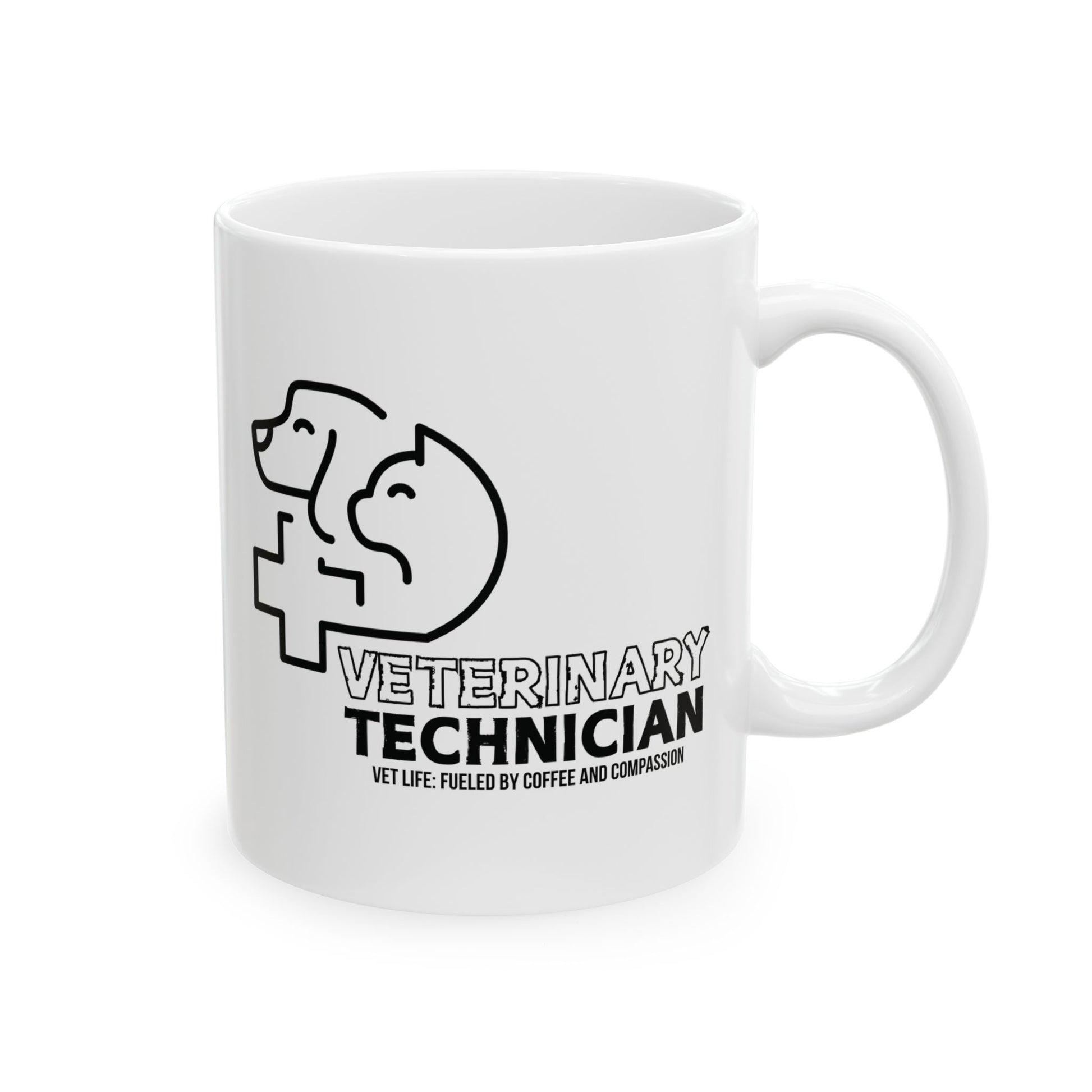 White mug with black veterinary technician design and text on a white background. text vet life: fueled by coffee and compassion