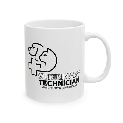 White mug with black veterinary technician design and text on a white background. text vet life: fueled by coffee and compassion
