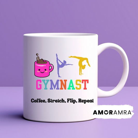 White mug with colorful gymnast-themed design and coffee, stretch, flip repeat text