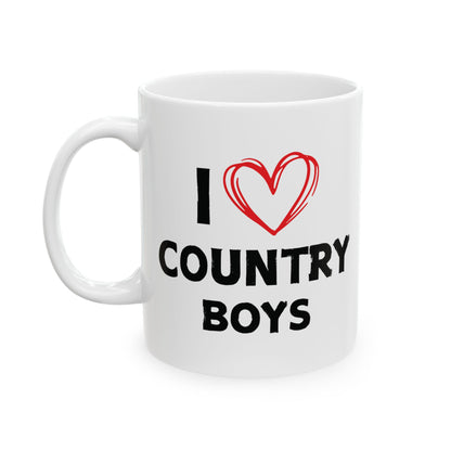 White mug with 'I ❤️ COUNTRY BOYS' text on a white background