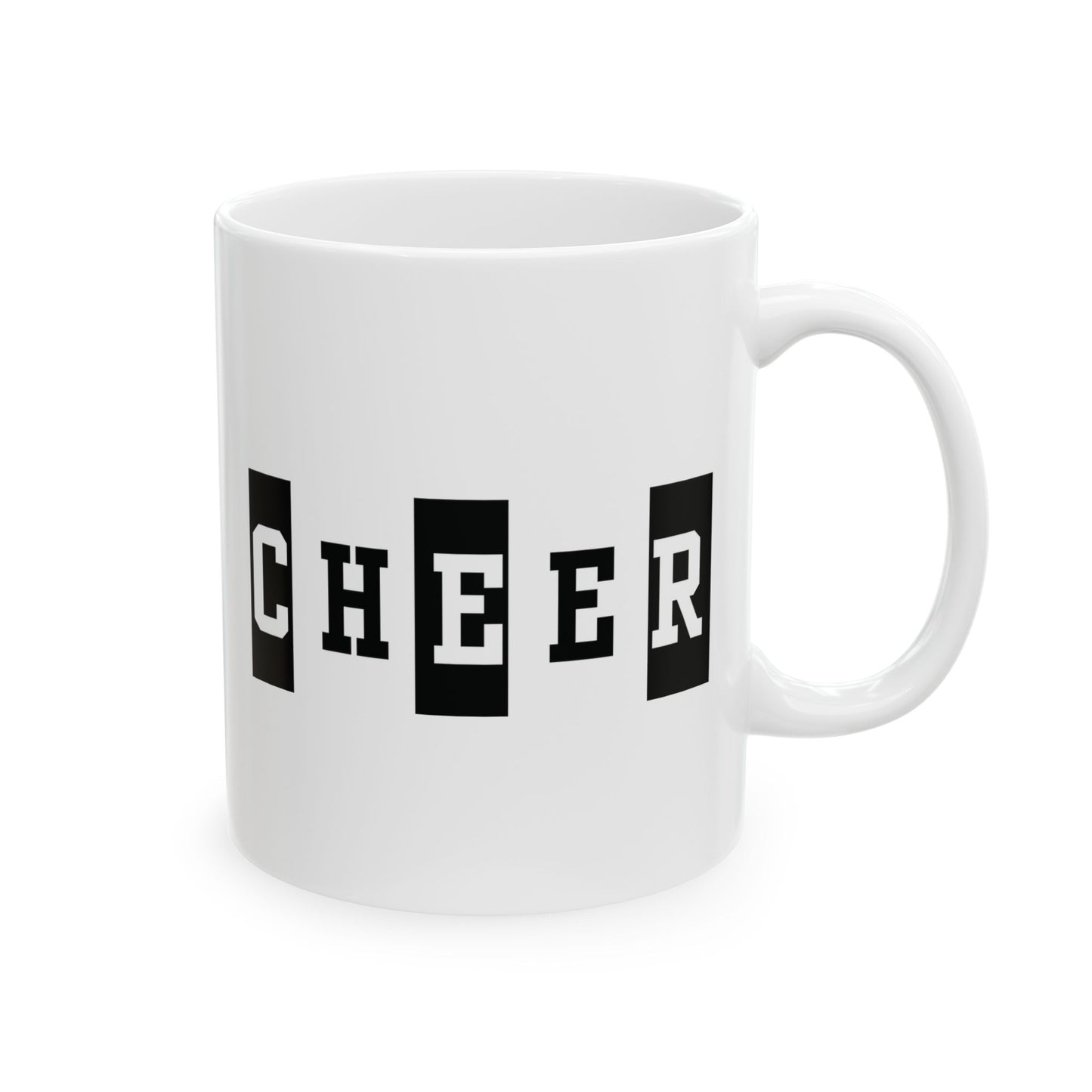 White mug with 'CHEER' printed in black letters on a white background