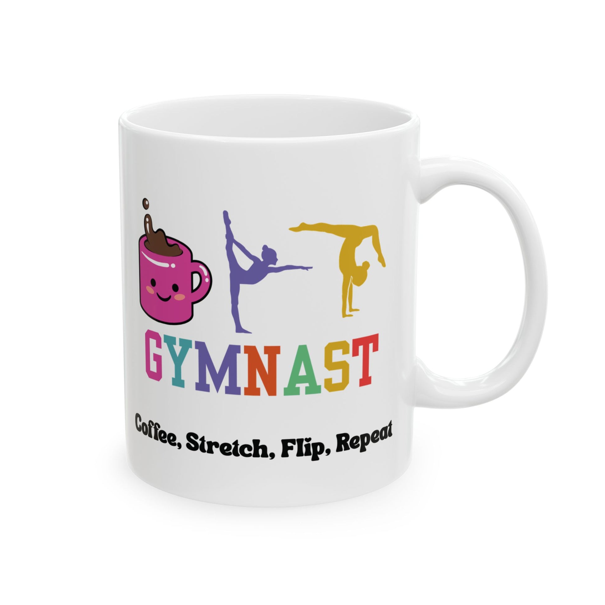 White mug with colorful gymnast-themed design and gymnast coffee stretch flip repeat text