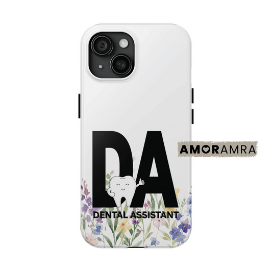 Phone case with 'DA Dental Assistant' text and floral design. This Dental Assistant iPhone case is the perfect way to show off your passion for oral health, plaque fighting, and creating bright smiles!
