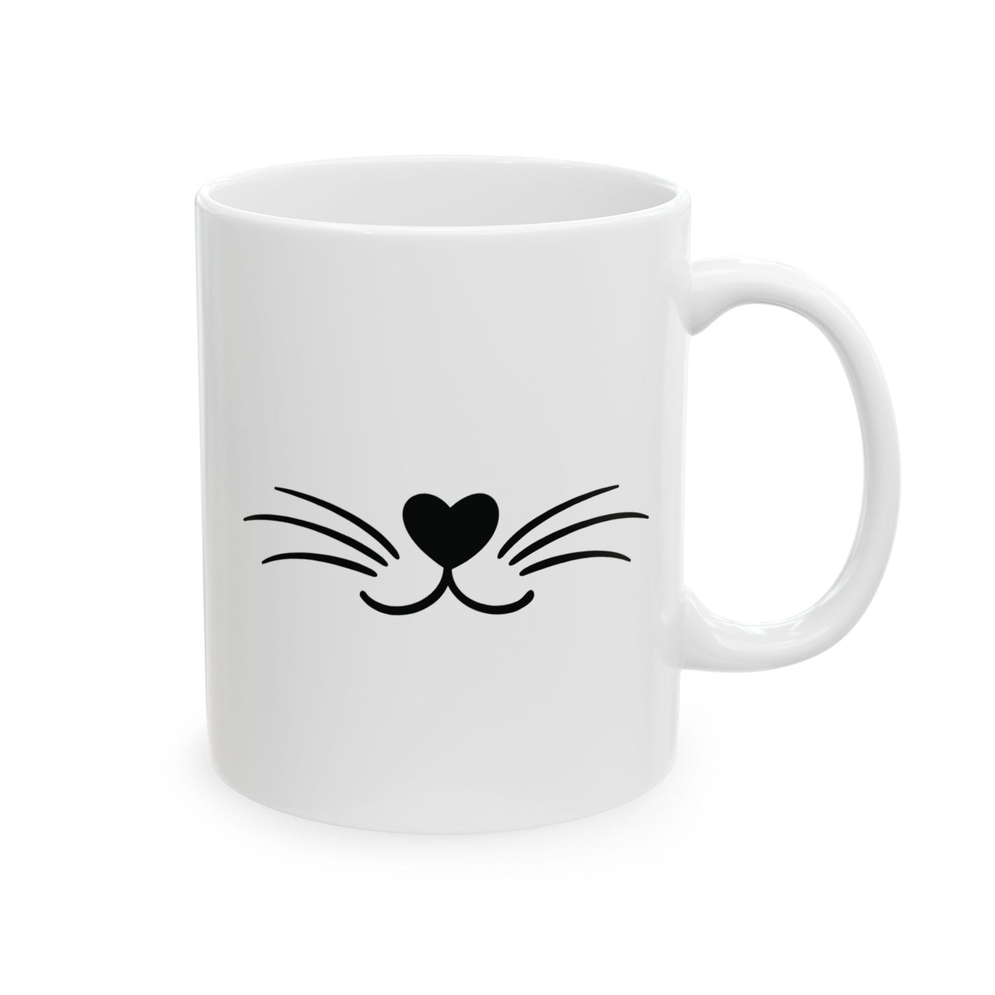 White mug with black heart and whisker cat design on a white background